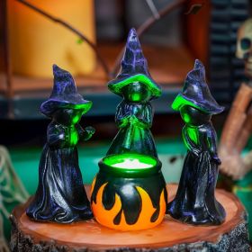 4 PCS Halloween Miniature Witches Cauldron Figurine Table Decoration, Resin Scary Witches Lighted up Cauldron