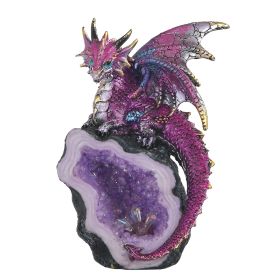 8"H Purple Dragon Guarding Faux Crystal Cave Figurine Home Decor Gift