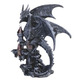 7.75"H Black Dragon on Castle Figurine Home Decor Gift