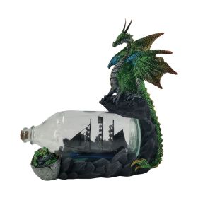 8.75"W Green Dragon Guarding a Ship in Bottle Figurine Home Decor Gift