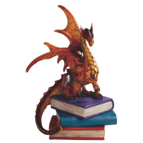 6"H Red/Orange Volcano Dragon Standing on Pile of Books Figurine Home Decor Gift