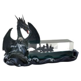 10.5"W Black Dragon Guarding a Ship in Bottle Figurine Home Decor Gift