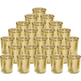24Pcs Golden Votive Tealights Candle Holders Mercury Glass Shinny Candle Holders For Wedding Birthday Party Home Decoration Table Centerpiece