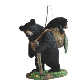 7"H Black Bear Salmon Fishing with Cub on Forest Figurine Home Decor Gift