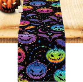 Halloween Decoration Table Runner with 12 Pack 3D Bats, Spider Web Black Lace Table Runner for Kitchen Dinner Table (Color: Colorful Pumpkins)